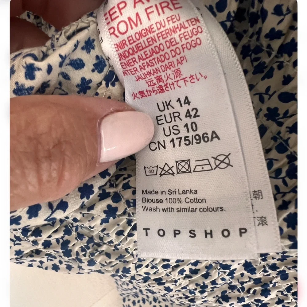 Topshop Blue Floral Smocked Puff Sleeve Blouse Ruffle Neck US 10